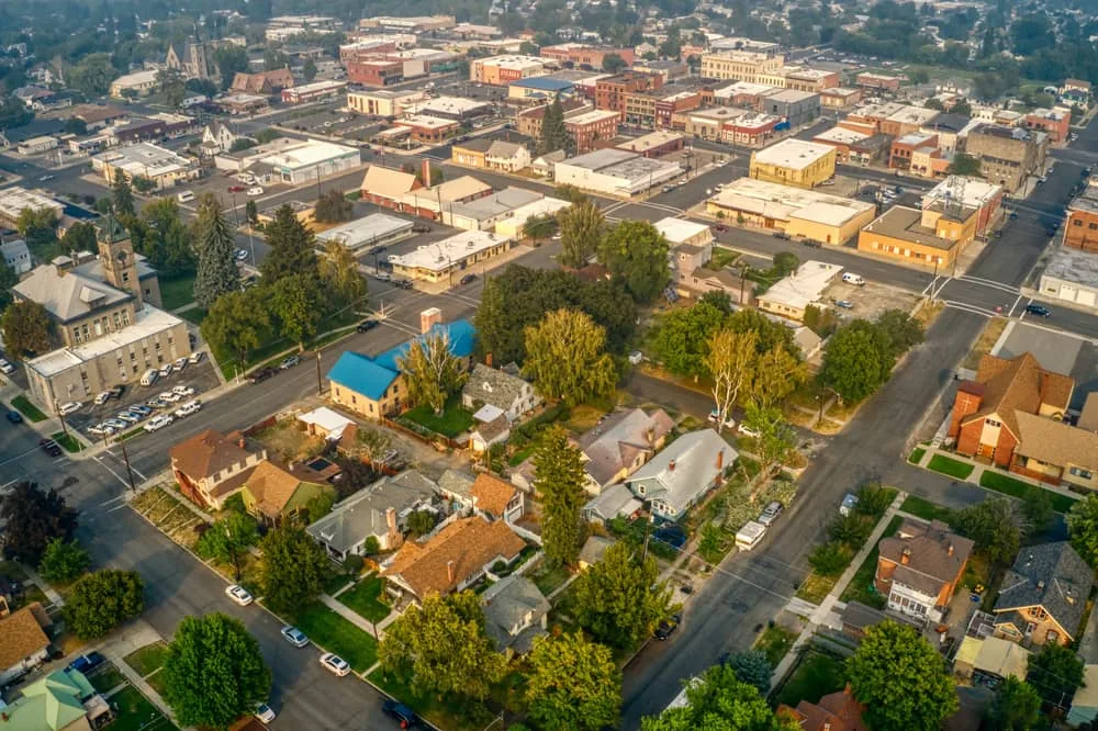 Aerial view of Baker City Oregon historic downtown